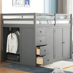 Letto a soppalco full size bianco/grigio con scala contenitore, armadio e cassetti, per 1 persona