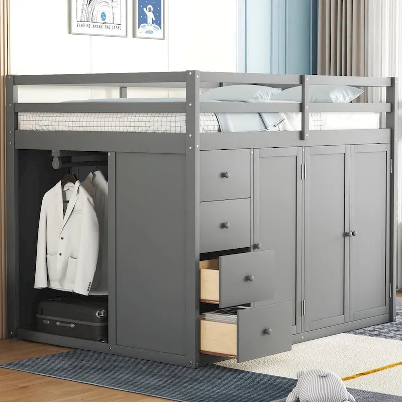 Letto a soppalco full size bianco/grigio con scala contenitore, armadio e cassetti, per 1 persona