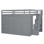 Letto a soppalco full size bianco/grigio con scala contenitore, armadio e cassetti, per 1 persona