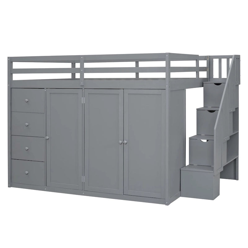 Letto a soppalco full size bianco/grigio con scala contenitore, armadio e cassetti, per 1 persona