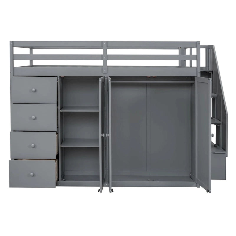 Letto a soppalco full size bianco/grigio con scala contenitore, armadio e cassetti, per 1 persona