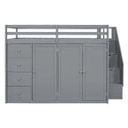 Letto a soppalco full size bianco/grigio con scala contenitore, armadio e cassetti, per 1 persona