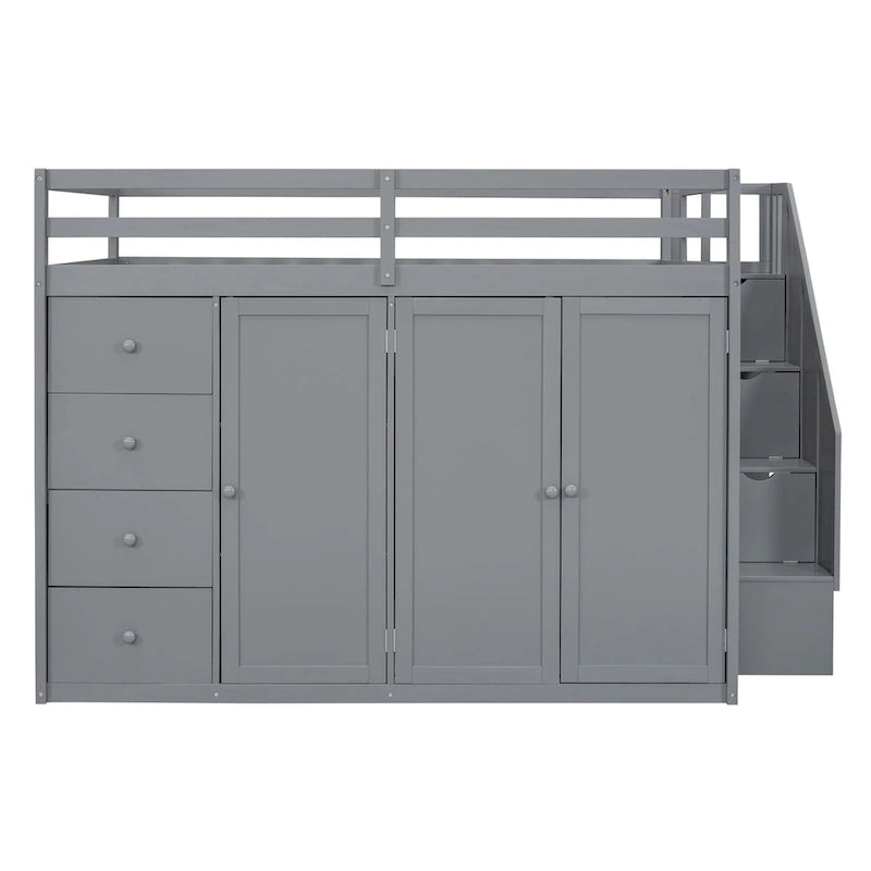 Letto a soppalco full size bianco/grigio con scala contenitore, armadio e cassetti, per 1 persona