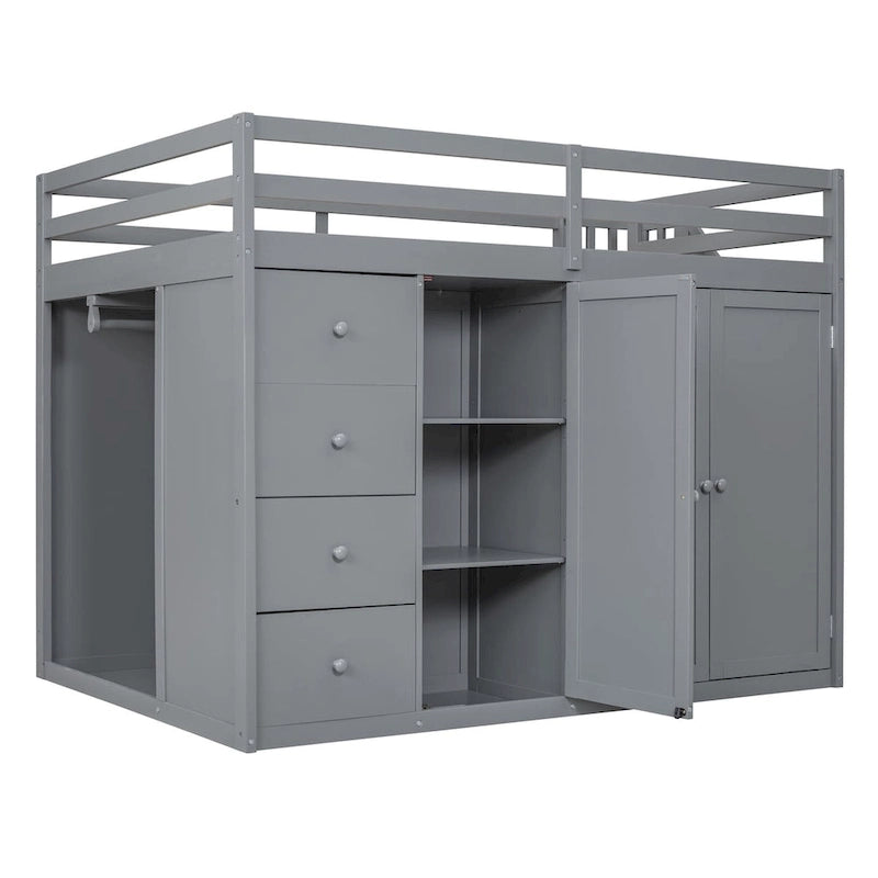 Letto a soppalco full size bianco/grigio con scala contenitore, armadio e cassetti, per 1 persona