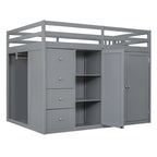 Letto a soppalco full size bianco/grigio con scala contenitore, armadio e cassetti, per 1 persona