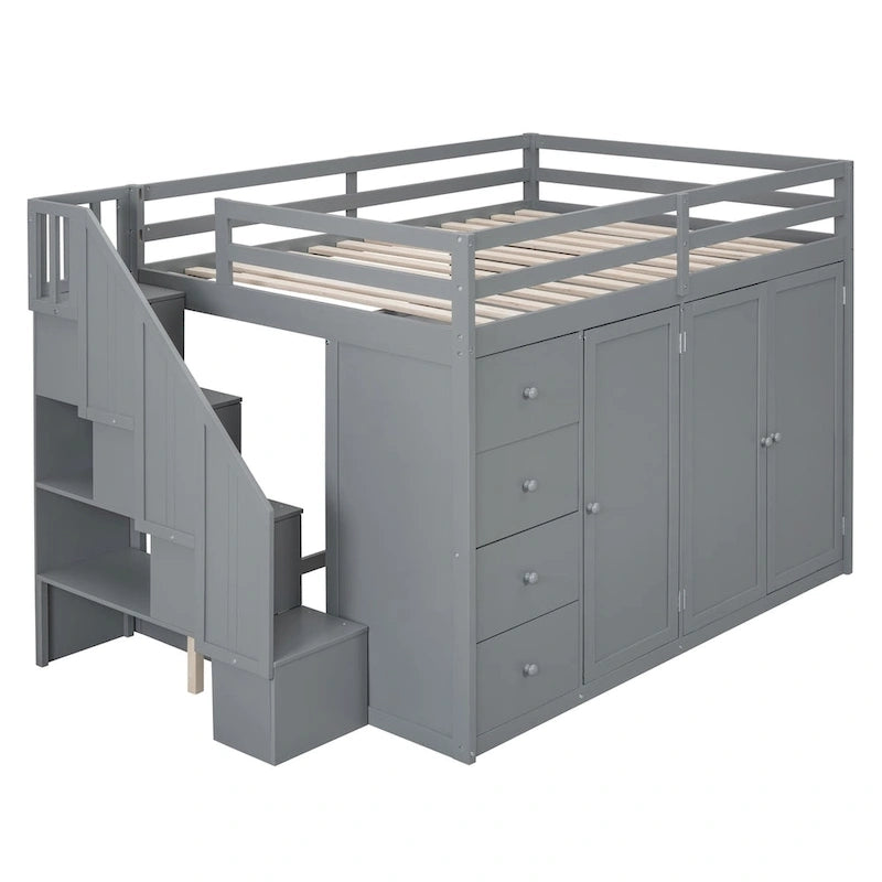 Letto a soppalco full size bianco/grigio con scala contenitore, armadio e cassetti, per 1 persona