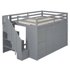 Letto a soppalco full size bianco/grigio con scala contenitore, armadio e cassetti, per 1 persona