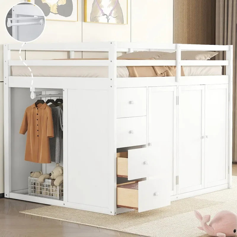 Letto a soppalco full size bianco/grigio con scala contenitore, armadio e cassetti, per 1 persona