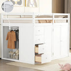 Letto a soppalco full size bianco/grigio con scala contenitore, armadio e cassetti, per 1 persona