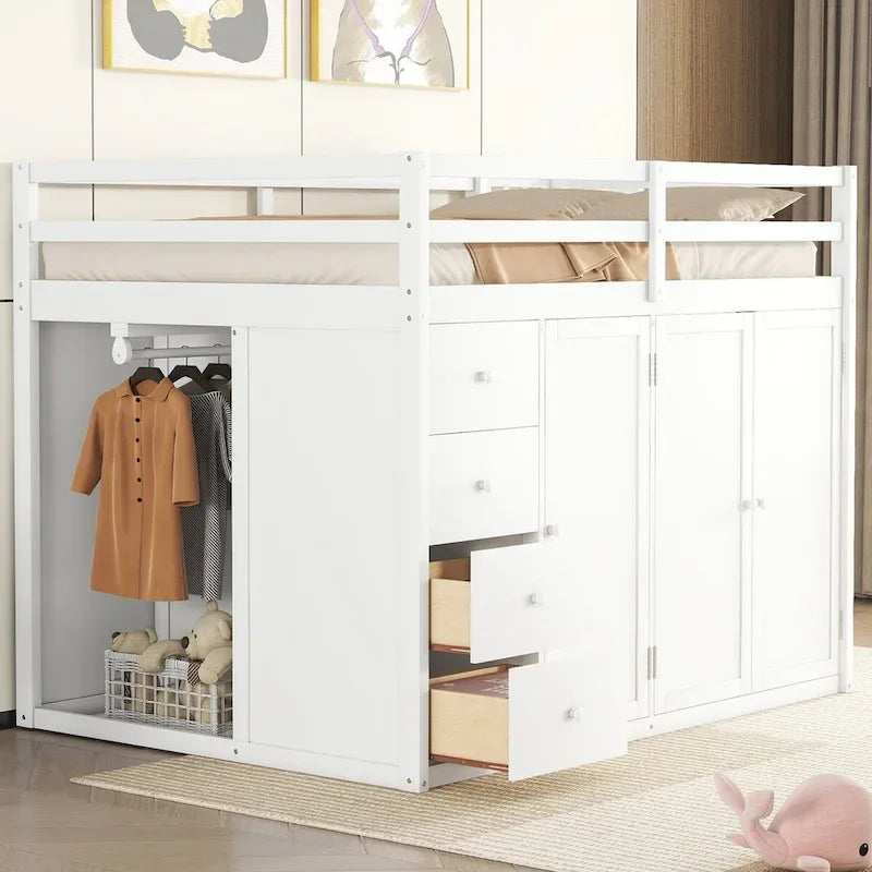 Letto a soppalco full size bianco/grigio con scala contenitore, armadio e cassetti, per 1 persona