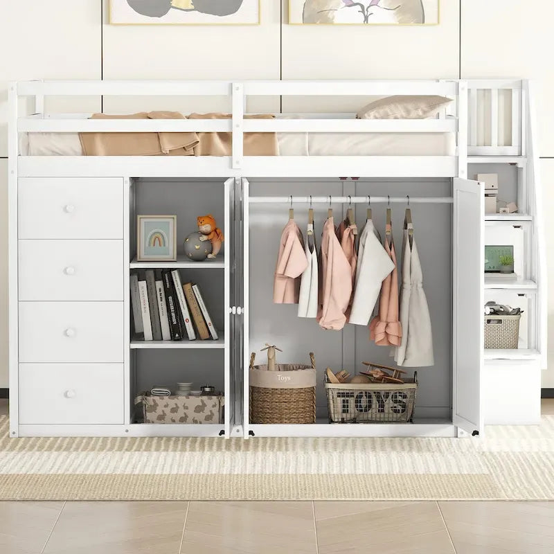 Letto a soppalco full size bianco/grigio con scala contenitore, armadio e cassetti, per 1 persona