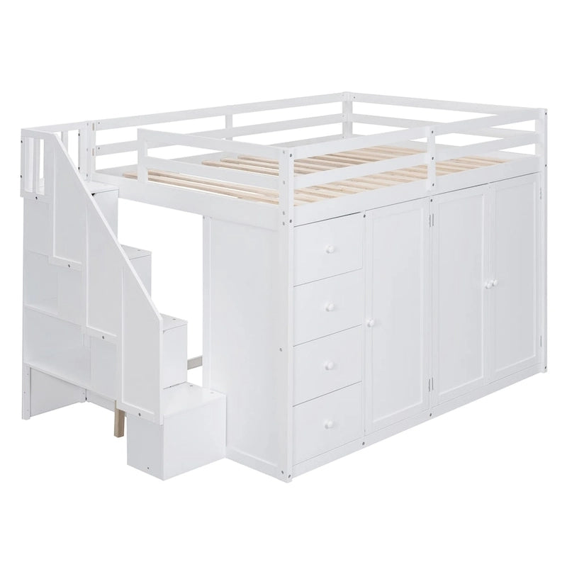 Letto a soppalco full size bianco/grigio con scala contenitore, armadio e cassetti, per 1 persona