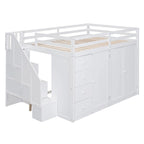 Letto a soppalco full size bianco/grigio con scala contenitore, armadio e cassetti, per 1 persona