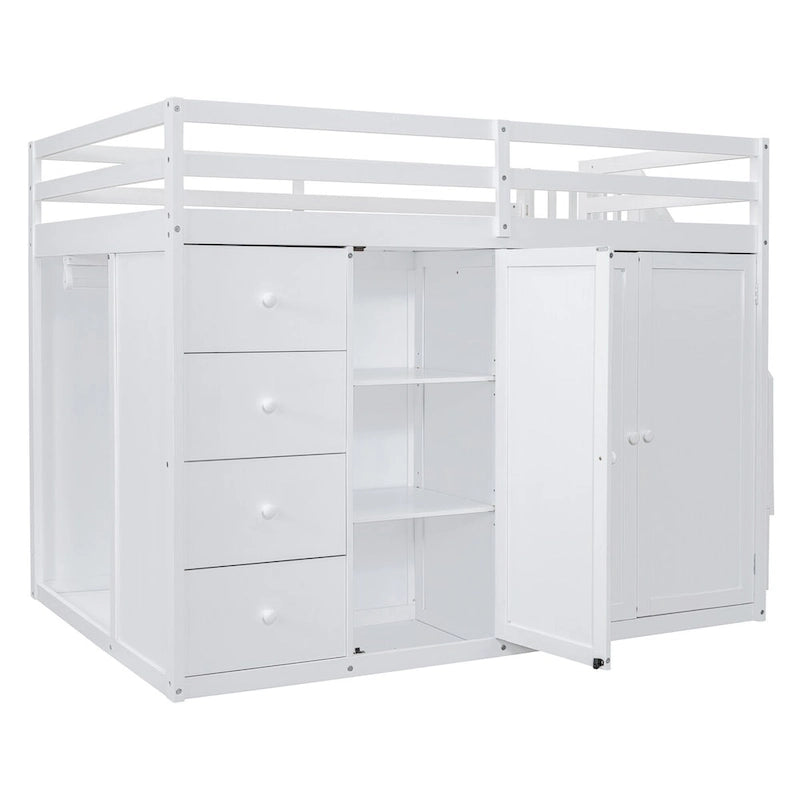 Letto a soppalco full size bianco/grigio con scala contenitore, armadio e cassetti, per 1 persona