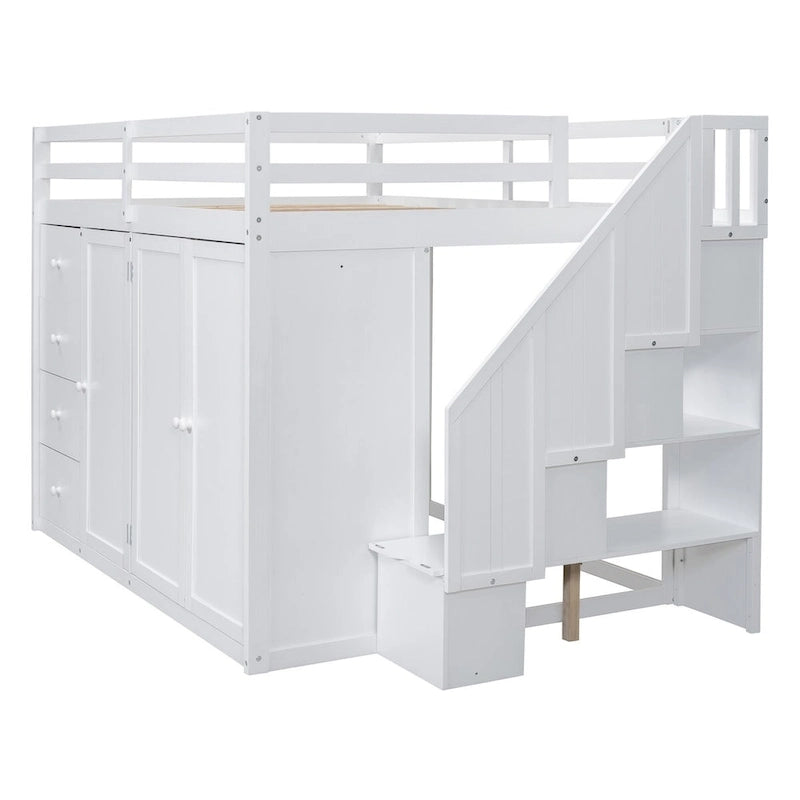 Letto a soppalco full size bianco/grigio con scala contenitore, armadio e cassetti, per 1 persona