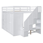 Letto a soppalco full size bianco/grigio con scala contenitore, armadio e cassetti, per 1 persona