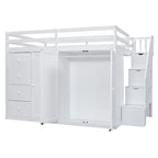 Letto a soppalco full size bianco/grigio con scala contenitore, armadio e cassetti, per 1 persona