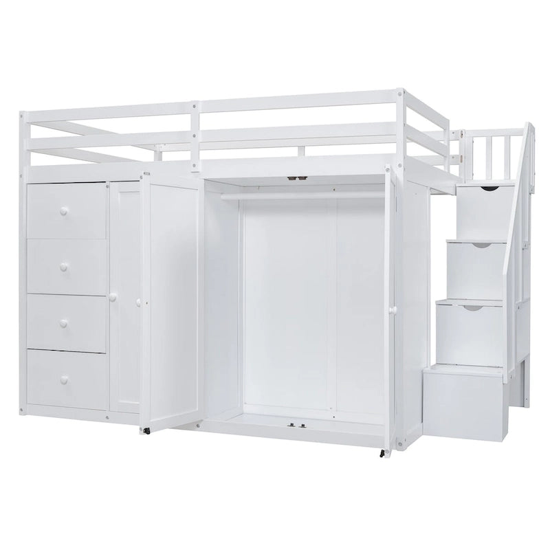 Letto a soppalco full size bianco/grigio con scala contenitore, armadio e cassetti, per 1 persona