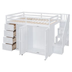 Letto a soppalco full size bianco/grigio con scala contenitore, armadio e cassetti, per 1 persona