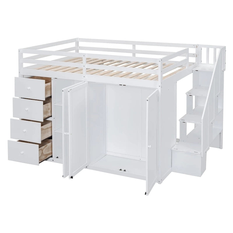 Letto a soppalco full size bianco/grigio con scala contenitore, armadio e cassetti, per 1 persona