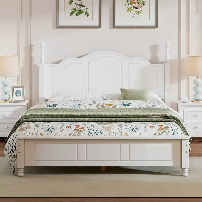 Queen Size Retro Style Wood Platform Bed Frame with Headboard and Wooden Slat Support