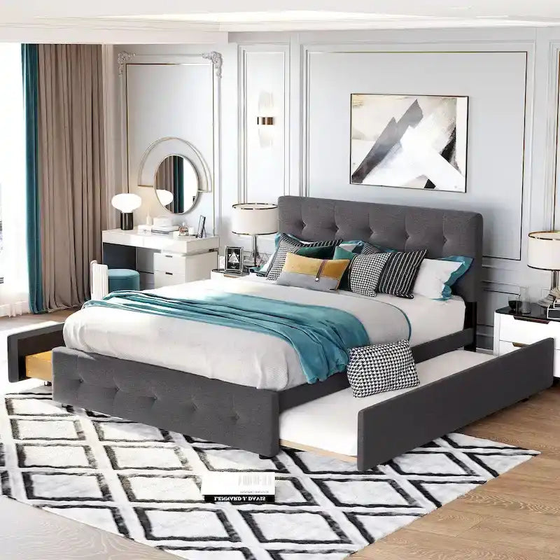 Letto a piattaforma matrimoniale in lino con 2 cassetti e letto estraibile Twin XL, grigio scuro/grigio chiaro/beige, montaggio per 2 persone