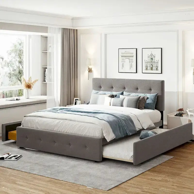 Letto a piattaforma matrimoniale in lino con 2 cassetti e letto estraibile Twin XL, grigio scuro/grigio chiaro/beige, montaggio per 2 persone