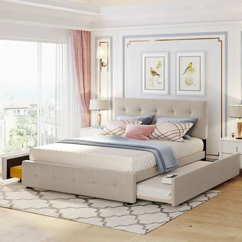 Letto a piattaforma matrimoniale in lino con 2 cassetti e letto estraibile Twin XL, grigio scuro/grigio chiaro/beige, montaggio per 2 persone