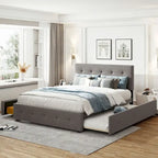 CUSchoice Queen Size Linen Fabric Platform Bed with 2 Drawers and Twin XL Trundle