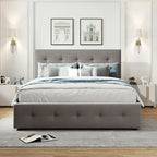 Letto a piattaforma matrimoniale in lino con 2 cassetti e letto estraibile Twin XL, grigio scuro/grigio chiaro/beige, montaggio per 2 persone