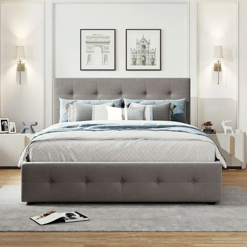 Letto a piattaforma matrimoniale in lino con 2 cassetti e letto estraibile Twin XL, grigio scuro/grigio chiaro/beige, montaggio per 2 persone