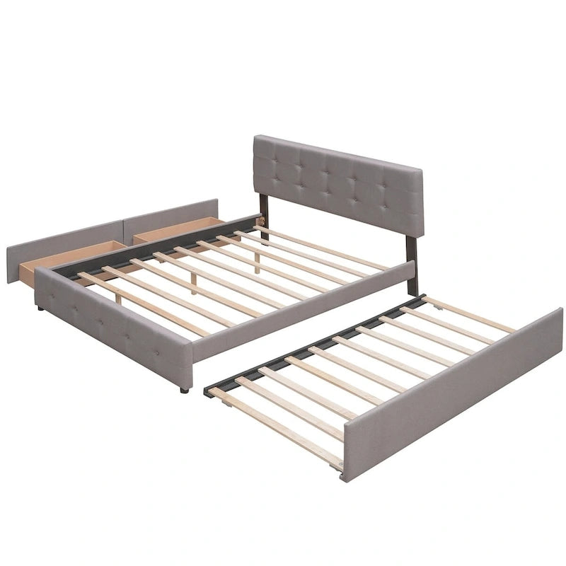 Letto a piattaforma matrimoniale in lino con 2 cassetti e letto estraibile Twin XL, grigio scuro/grigio chiaro/beige, montaggio per 2 persone