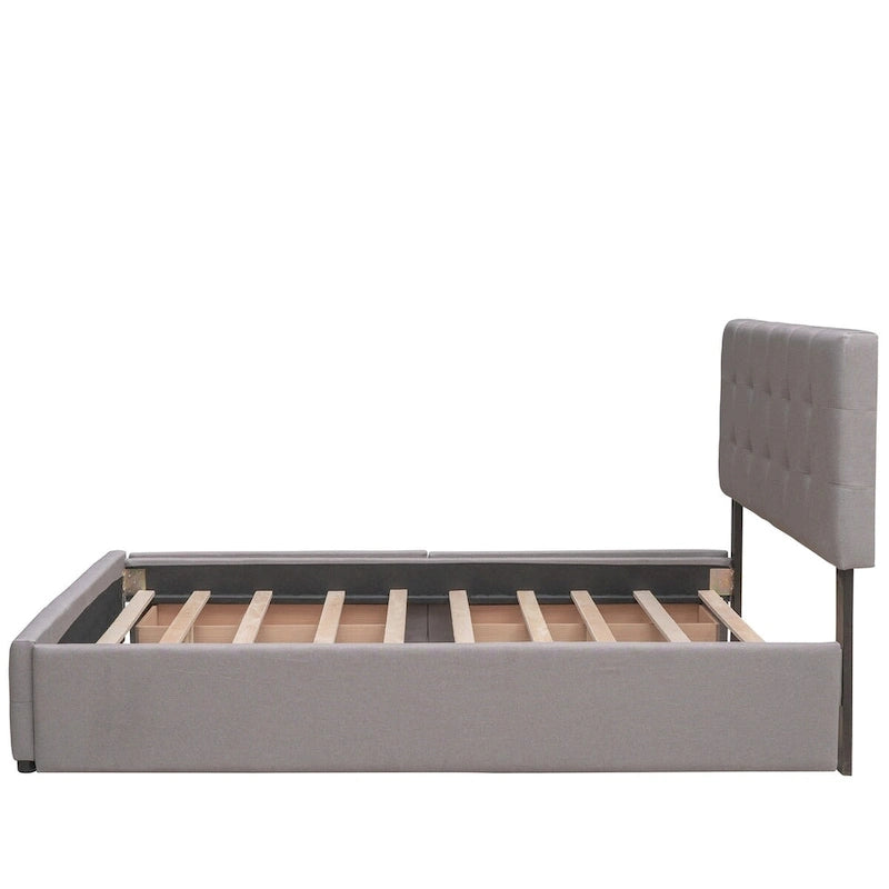 Letto a piattaforma matrimoniale in lino con 2 cassetti e letto estraibile Twin XL, grigio scuro/grigio chiaro/beige, montaggio per 2 persone