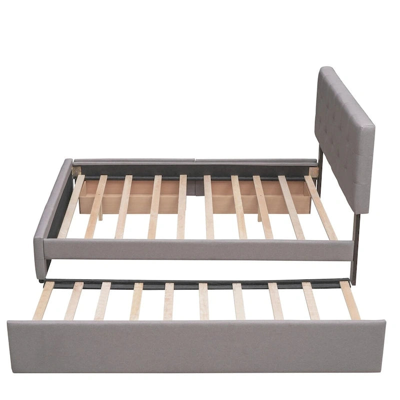 Letto a piattaforma matrimoniale in lino con 2 cassetti e letto estraibile Twin XL, grigio scuro/grigio chiaro/beige, montaggio per 2 persone