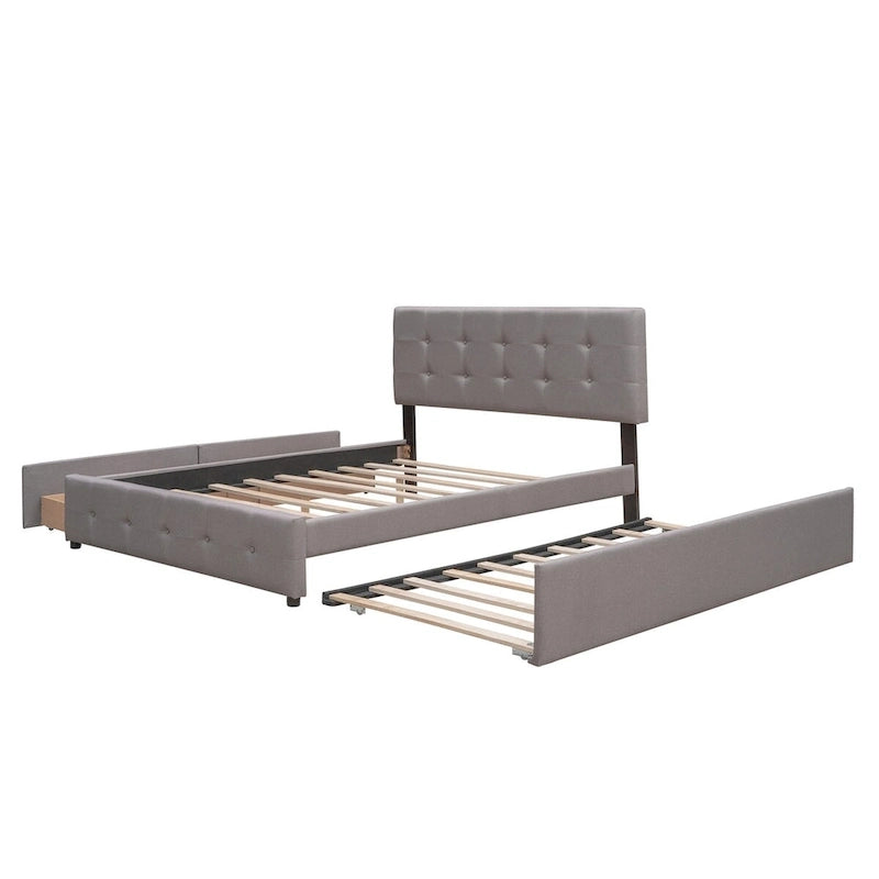 Letto a piattaforma matrimoniale in lino con 2 cassetti e letto estraibile Twin XL, grigio scuro/grigio chiaro/beige, montaggio per 2 persone