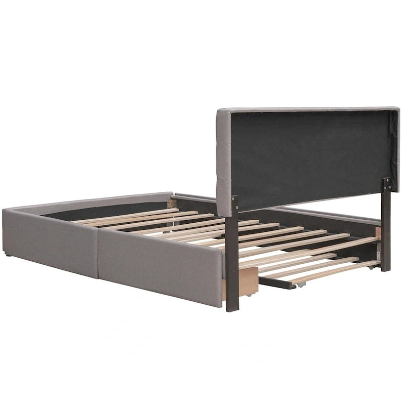 Letto a piattaforma matrimoniale in lino con 2 cassetti e letto estraibile Twin XL, grigio scuro/grigio chiaro/beige, montaggio per 2 persone