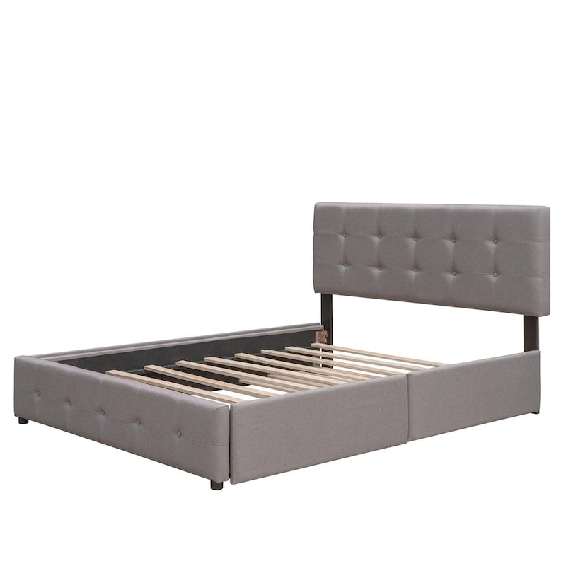 Letto a piattaforma matrimoniale in lino con 2 cassetti e letto estraibile Twin XL, grigio scuro/grigio chiaro/beige, montaggio per 2 persone