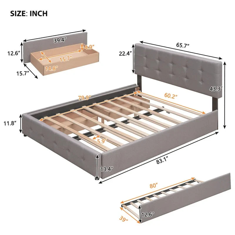 Letto a piattaforma matrimoniale in lino con 2 cassetti e letto estraibile Twin XL, grigio scuro/grigio chiaro/beige, montaggio per 2 persone