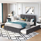 Letto a piattaforma matrimoniale in lino con 2 cassetti e letto estraibile Twin XL, grigio scuro/grigio chiaro/beige, montaggio per 2 persone
