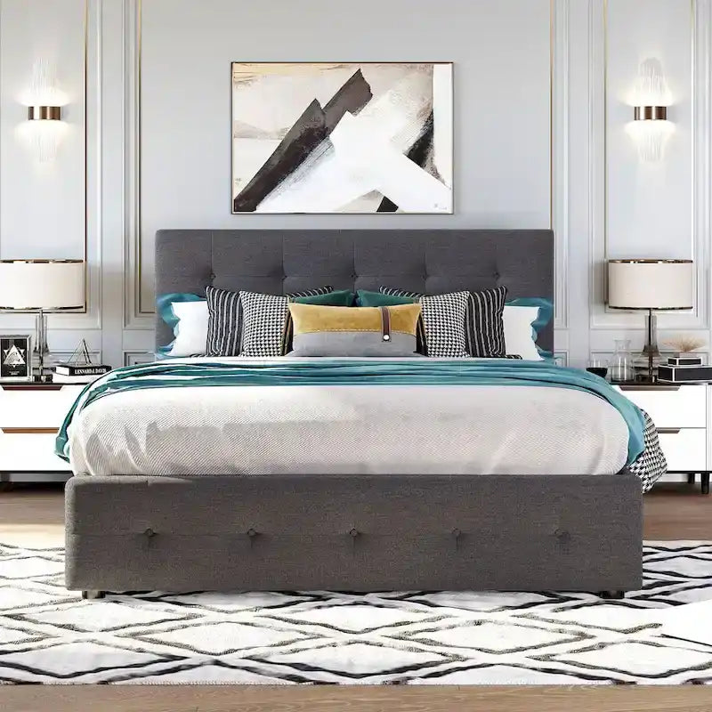 Letto a piattaforma matrimoniale in lino con 2 cassetti e letto estraibile Twin XL, grigio scuro/grigio chiaro/beige, montaggio per 2 persone