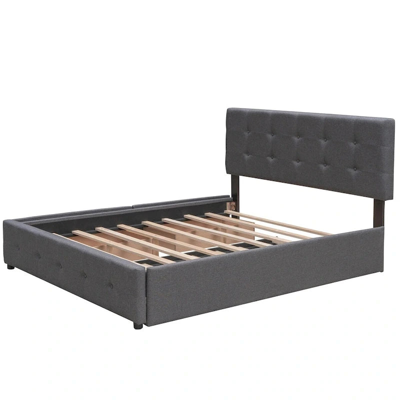 Letto a piattaforma matrimoniale in lino con 2 cassetti e letto estraibile Twin XL, grigio scuro/grigio chiaro/beige, montaggio per 2 persone