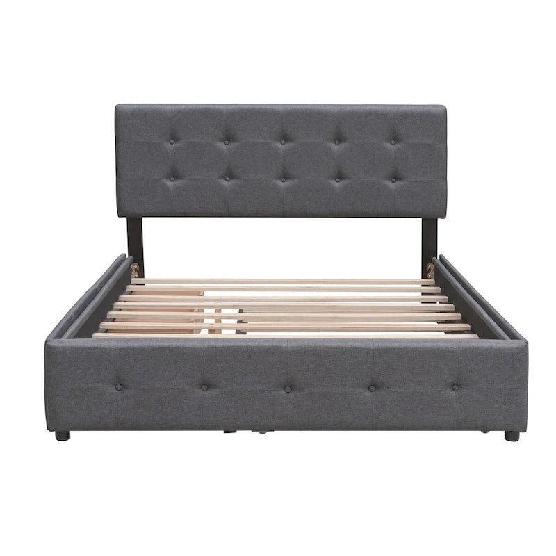 Letto a piattaforma matrimoniale in lino con 2 cassetti e letto estraibile Twin XL, grigio scuro/grigio chiaro/beige, montaggio per 2 persone