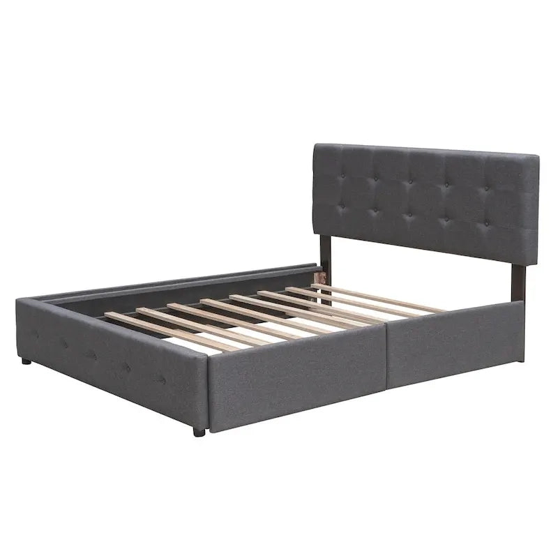 Letto a piattaforma matrimoniale in lino con 2 cassetti e letto estraibile Twin XL, grigio scuro/grigio chiaro/beige, montaggio per 2 persone
