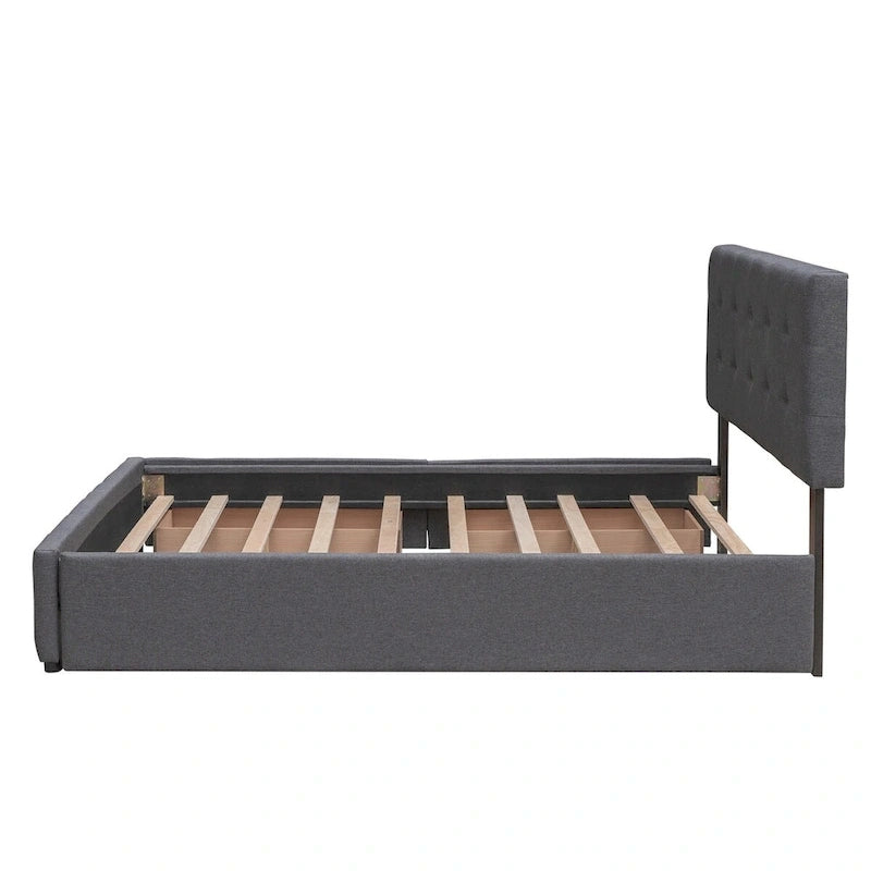 Letto a piattaforma matrimoniale in lino con 2 cassetti e letto estraibile Twin XL, grigio scuro/grigio chiaro/beige, montaggio per 2 persone
