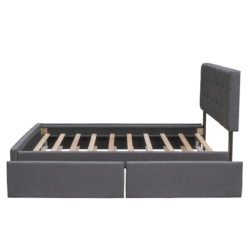 Letto a piattaforma matrimoniale in lino con 2 cassetti e letto estraibile Twin XL, grigio scuro/grigio chiaro/beige, montaggio per 2 persone