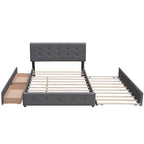 Letto a piattaforma matrimoniale in lino con 2 cassetti e letto estraibile Twin XL, grigio scuro/grigio chiaro/beige, montaggio per 2 persone