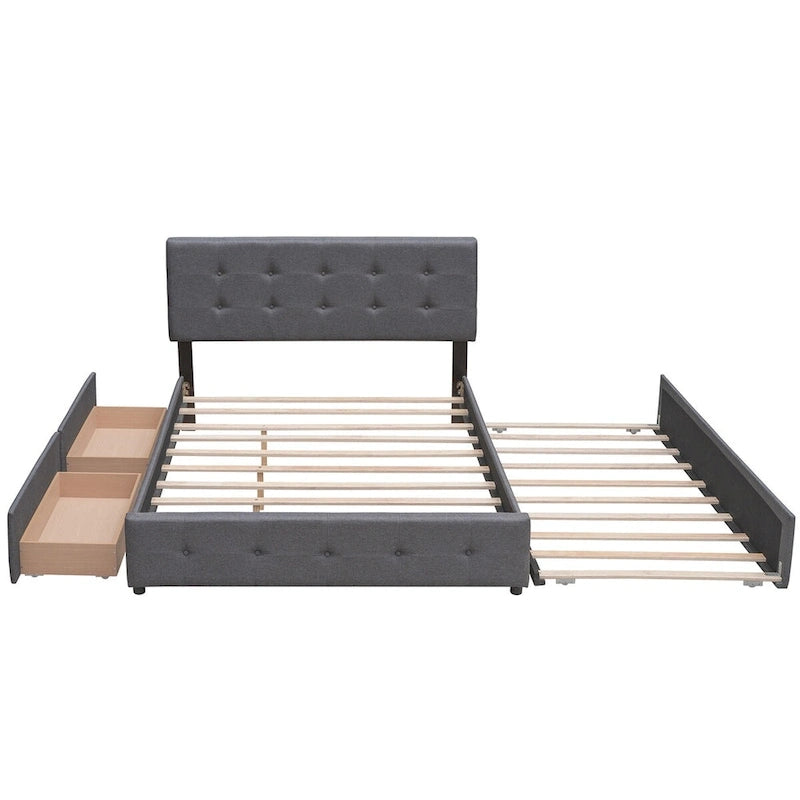 Letto a piattaforma matrimoniale in lino con 2 cassetti e letto estraibile Twin XL, grigio scuro/grigio chiaro/beige, montaggio per 2 persone
