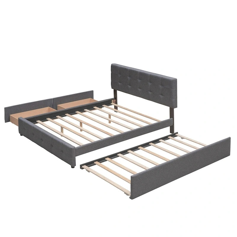 Letto a piattaforma matrimoniale in lino con 2 cassetti e letto estraibile Twin XL, grigio scuro/grigio chiaro/beige, montaggio per 2 persone