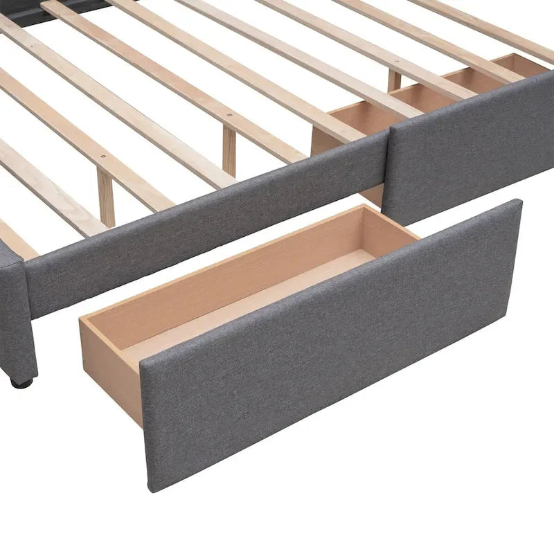 Letto a piattaforma matrimoniale in lino con 2 cassetti e letto estraibile Twin XL, grigio scuro/grigio chiaro/beige, montaggio per 2 persone