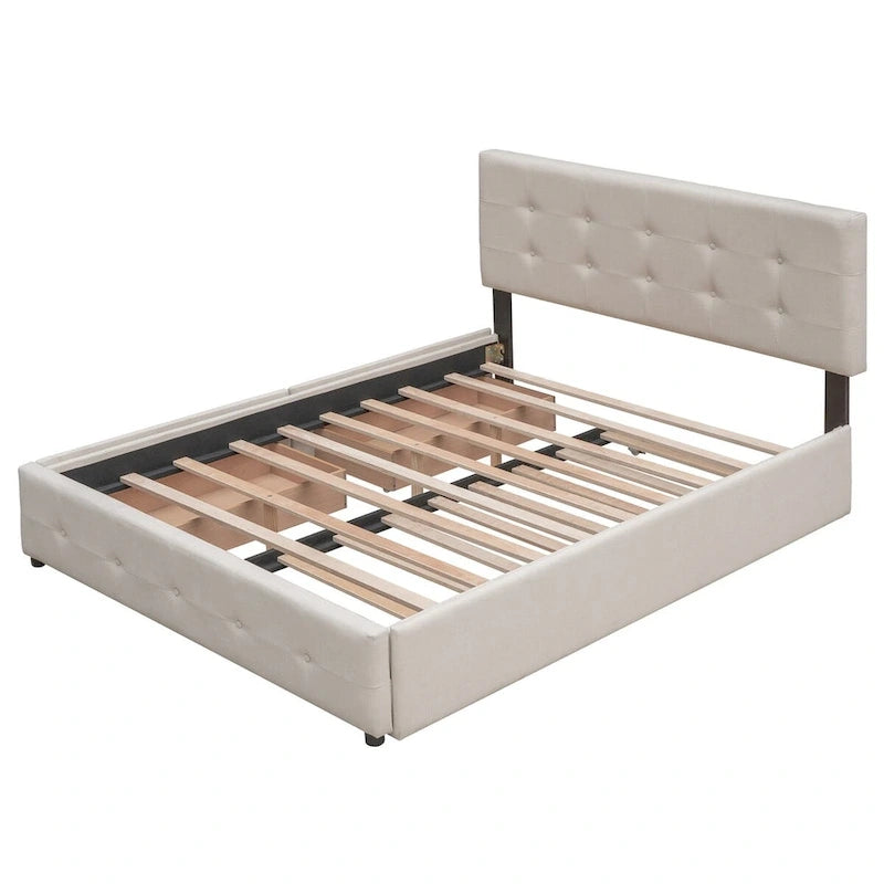 Letto a piattaforma matrimoniale in lino con 2 cassetti e letto estraibile Twin XL, grigio scuro/grigio chiaro/beige, montaggio per 2 persone
